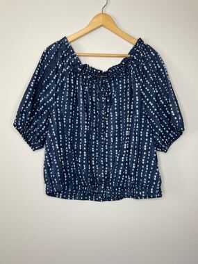 Lane Bryant Navy Blue and White Cotton Puff Sleeve Peasant Blouse
